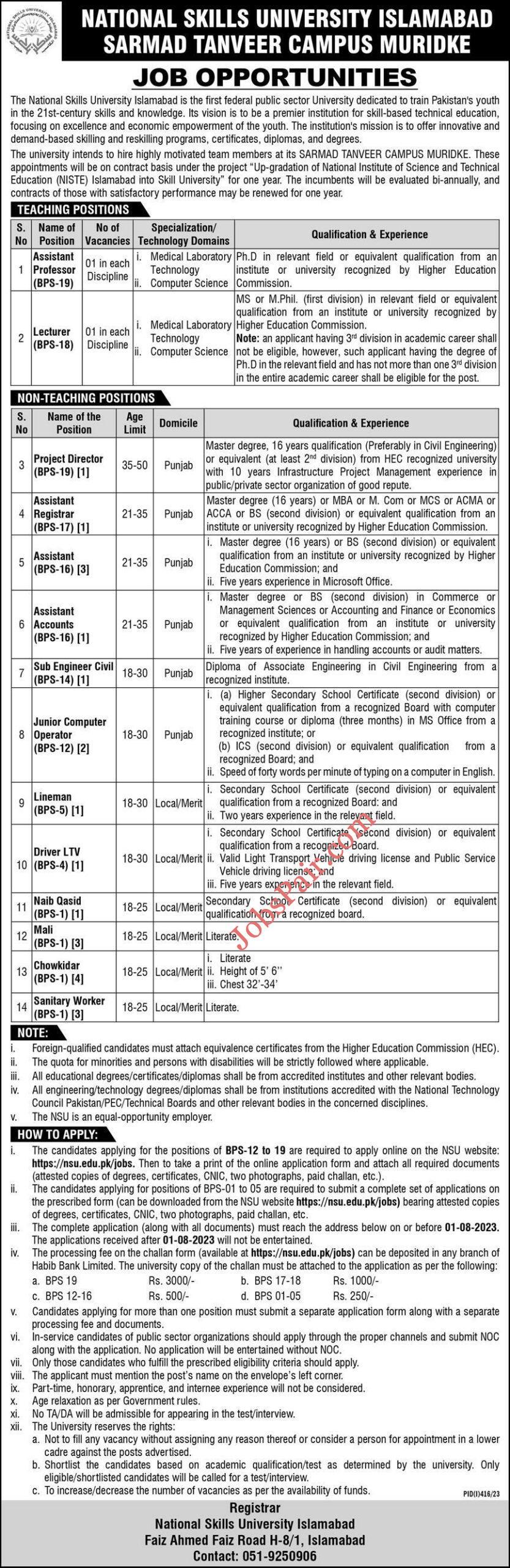 National Skill University Islamabad Jobs 2023