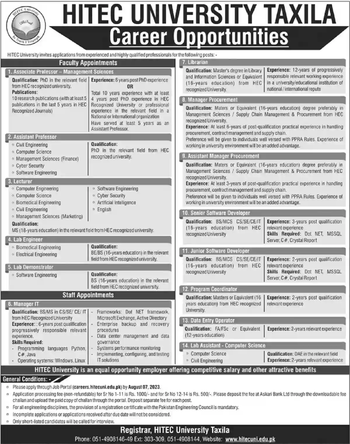 HITEC University Taxila Cantt Jobs 2023
