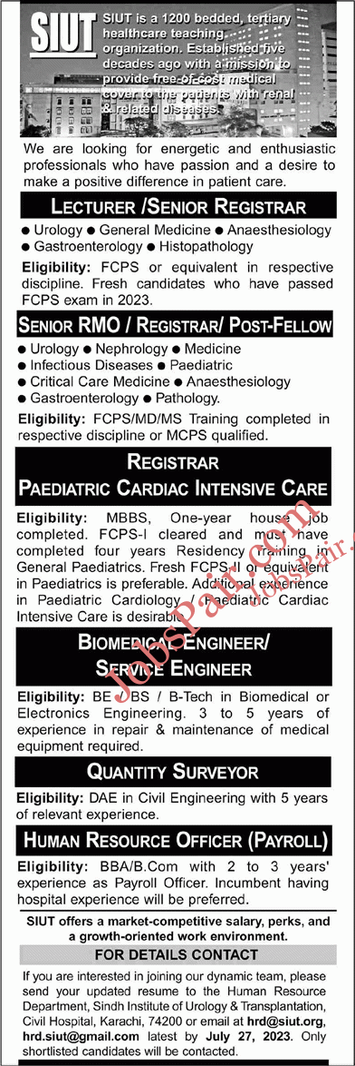 SIUT Hospital Karachi Jobs July 2023