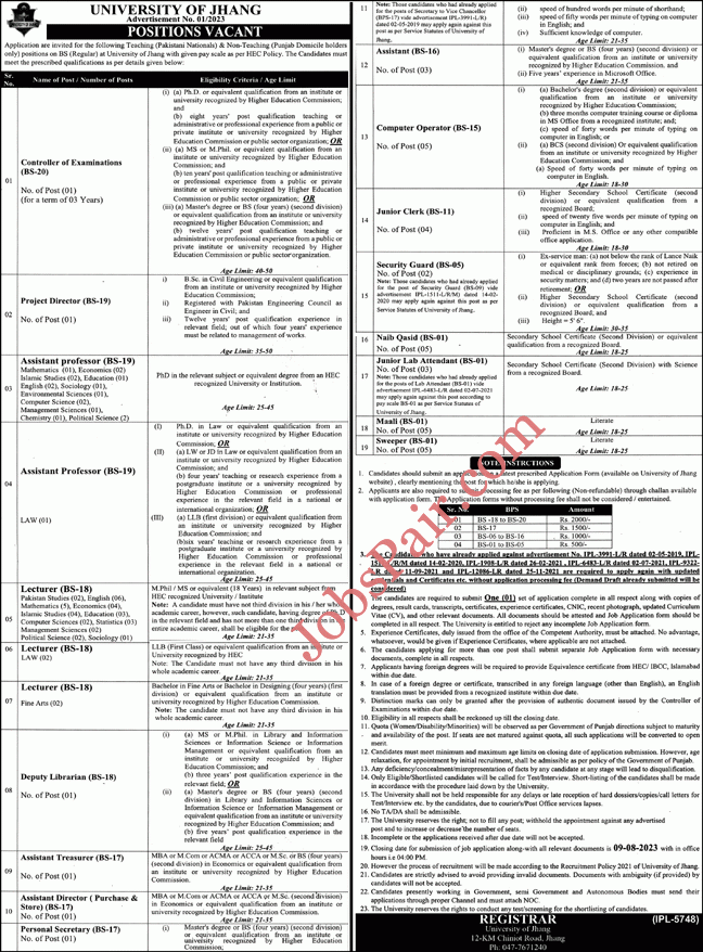 University of Jhang Jobs 2023