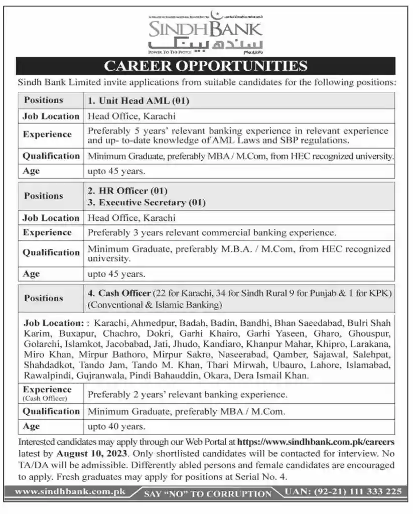 Sindh Bank Jobs 2023