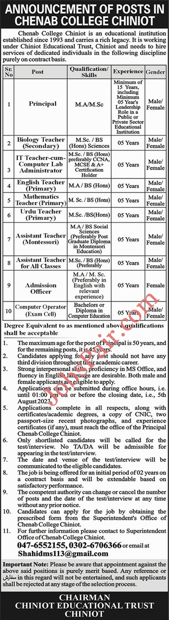 Chenab College Chiniot Jobs 2023