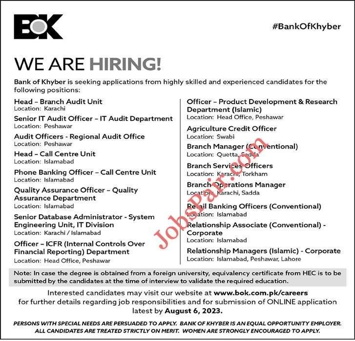 Bank of Khyber Jobs 2023