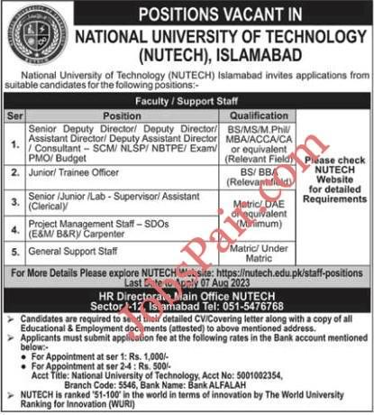NUTECH University Islamabad Jobs 2023