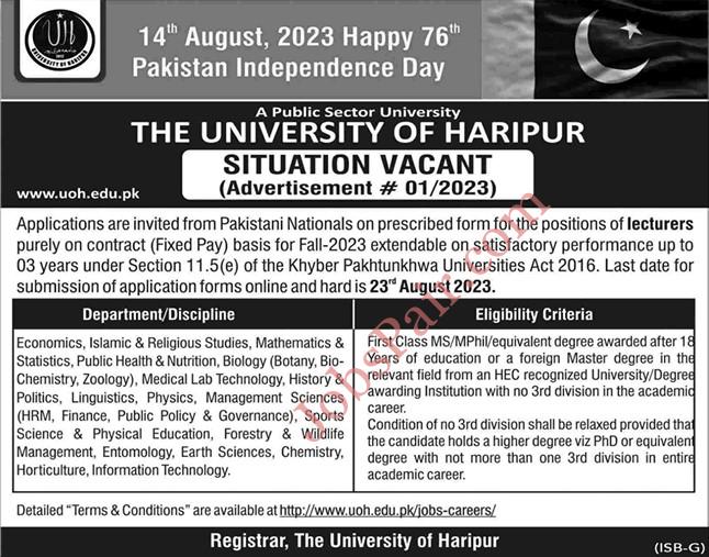 Lecturer Jobs in University of Haripur 2023