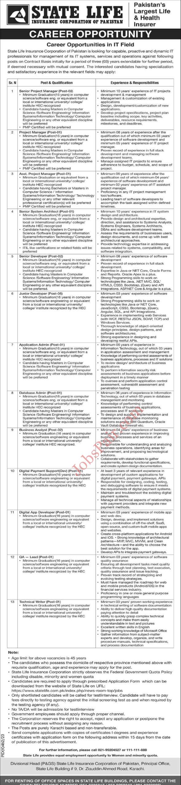 State Life Insurance Corporation of Pakistan Jobs 2023