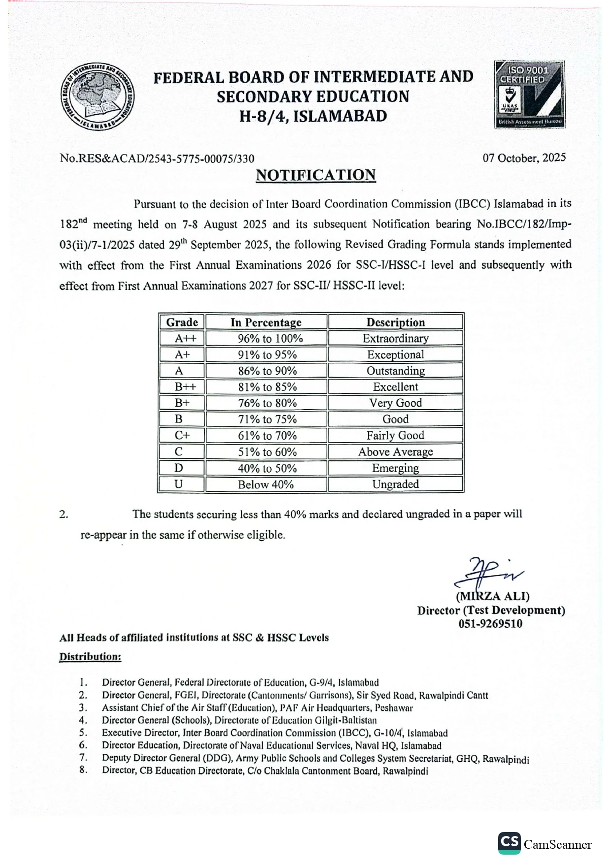 New Grading System Notification Federal Board