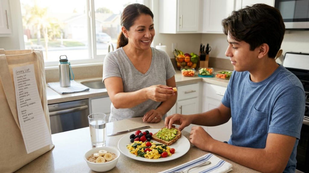 Healthy American meal with vegetables and fruits