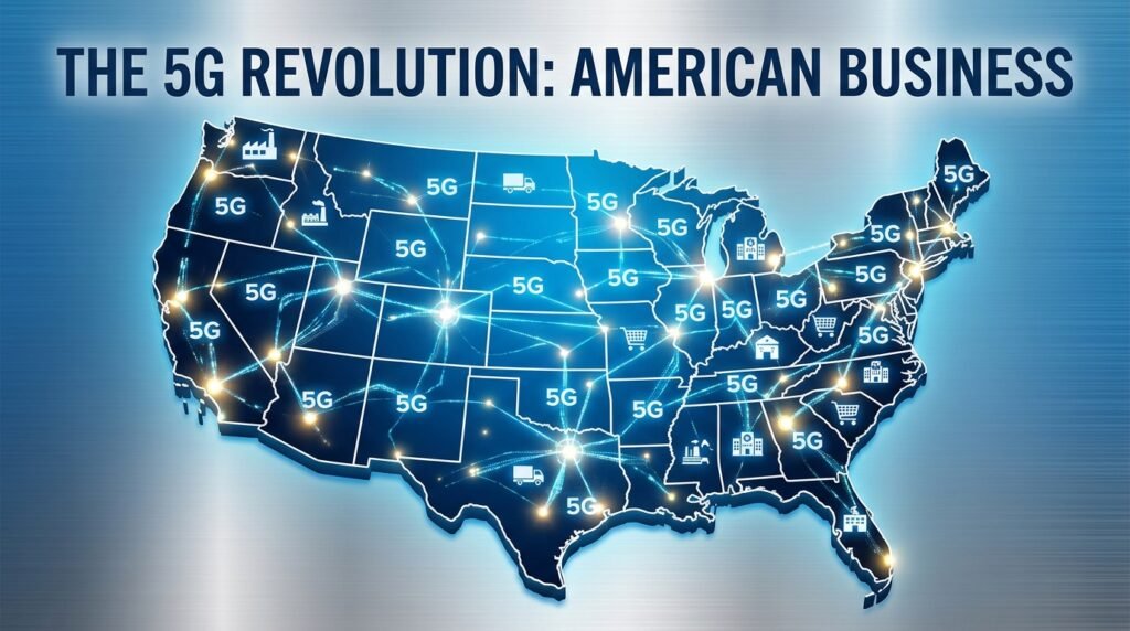 Business professionals using 5G-enabled technology and digital devices in a modern American office environment.