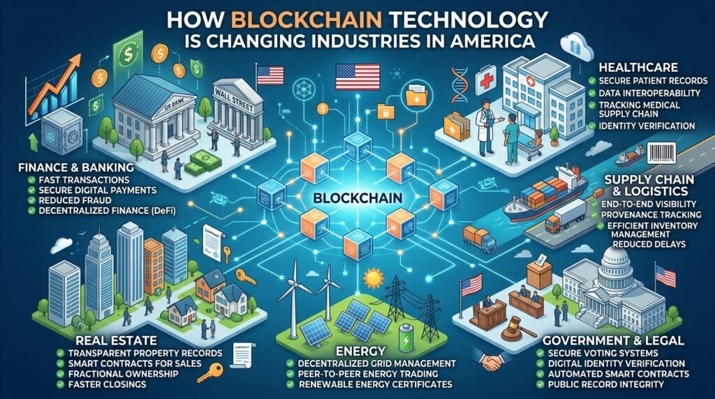 Blockchain technology network connecting businesses, financial institutions, healthcare systems, and digital transactions across the United States through secure decentralized data sharing.
