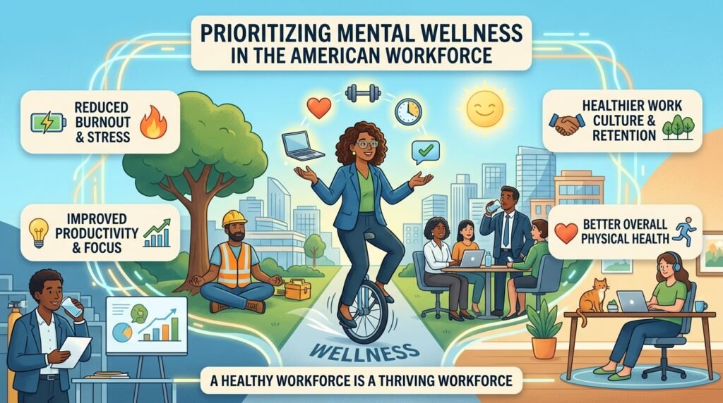 Mental wellness in the workplace helping American workers maintain productivity, reduce stress, and improve work-life balance.