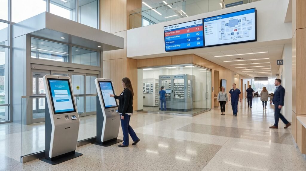 Modern American healthcare facility using advanced technology, artificial intelligence, telemedicine platforms, and digital patient monitoring systems to improve medical care and patient outcomes.