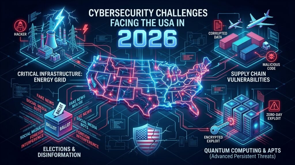 Cybersecurity concept showing a digital shield protecting American business networks, cloud systems, and sensitive data from cyber threats and hackers in 2026.